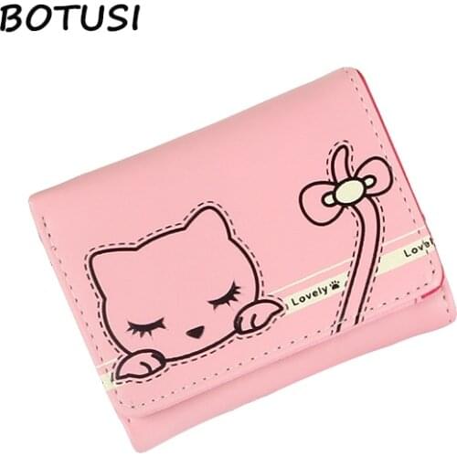 BOTUSI 2018 New Fashion Womens Wallets Mini Short Wallet Cartoon Cat Lovely Gift Photo Slot Leather Purse Credit Card Coin Purse