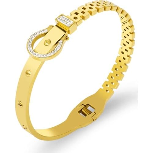 Luxury Design Screw Belt Open Bracelet & Bangle For Women Gold Color Crystals Cuff Bangle Snap Button Stainless Steel Jewelry
