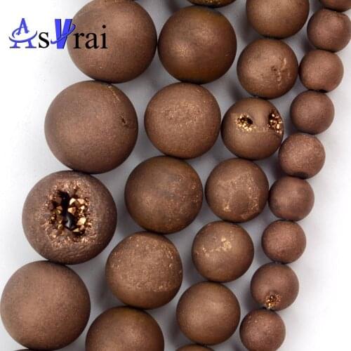 Natural Stone Beads Bronze Metallic Coated Druzy Agates 6 8 10 12mm Round Loose Spacer Beads For Jewelry Making DIY Bracelet 15"