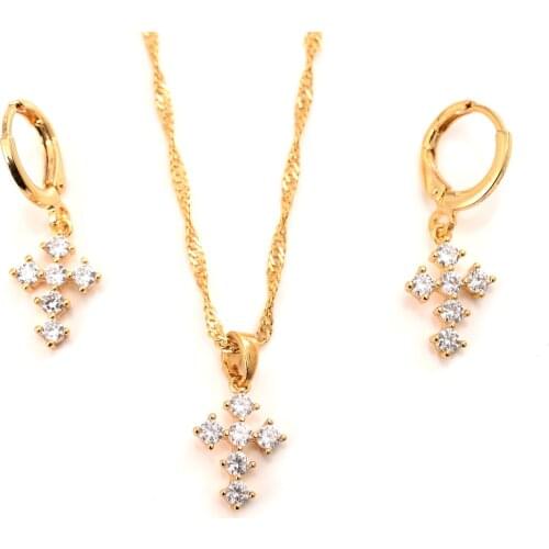 24 k Fine Gold GF CZ White stone Coordinate cross Pendant Necklace chain Earrings sets Jewelry Christian women girl Best Jesus