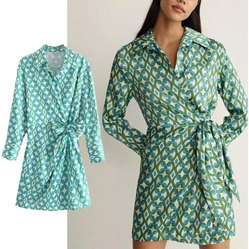 Klkxmyt Za Dress Woman 2021 Fashion Print Wrap Mini Dress Women Autumn Party Dresses Long Sleeve Vintage Female Casual Vestidos