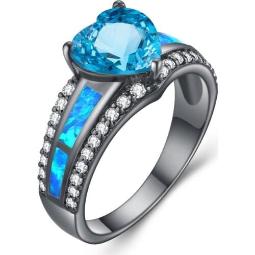 Heart Ring For Women Fashion Black Gold Rings Heart Sky Blue Topaz With Zircon Creative Handmade Designer Jewelry Wedding Gifts