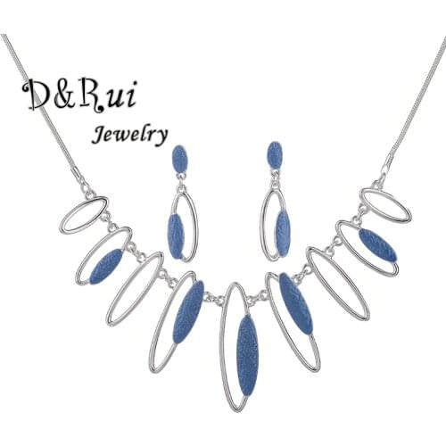 Fashion Jewellery 2019 Geometric Drop Dangle Earrings Necklaces Set for Girls Woman Charm Blue Chain Pendant Enamel Jewelry Sets