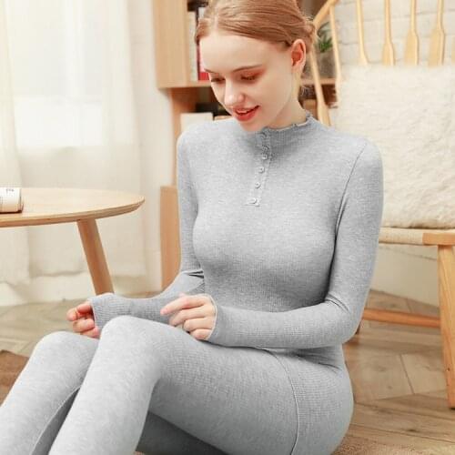 Women Thermal Underwear Set Warm Body Long Jhons Turtle Ruffled Tops Buttoms Cotton Thermo Clothes