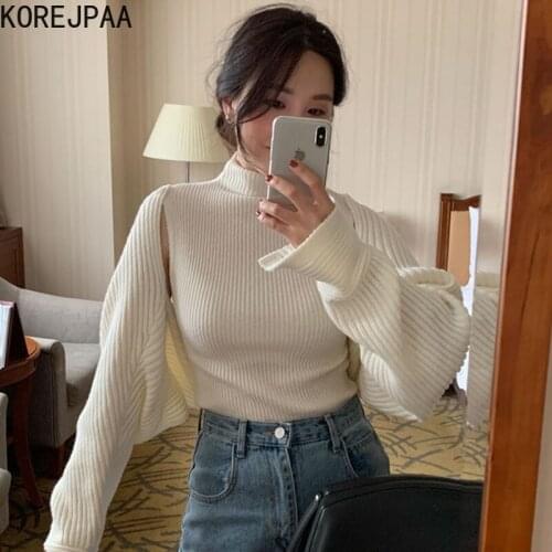 Korejpaa Casual Elegant Two Piece Set Women Stand Collar Slim Sleeveless Knitted Vest Long Sleeve Short Shawl Cardigans Fashion