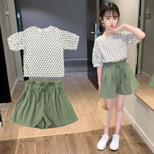 Girls' Suit Green Polka Dot Summer New Short Sleeve Big Boy Korean Fashion Two-piece Suit Kids Clothes