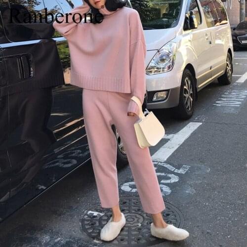 Ranberone Two Piece Suit Womens Tracksuit Knitted Turtleneck Sweatshirts + Loose Sweatpants Size S-XL Sportswear Fitness Suits