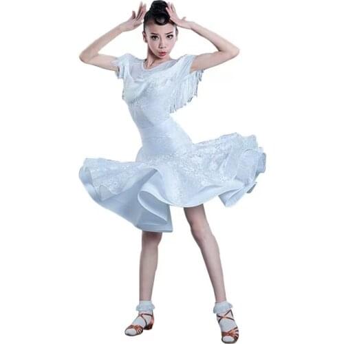 Lace Fringed Dress Girl Latin Dance Dress Competition For Children Ballroom Kids Skirt Tango Salsa Dancewear Practice Wear White