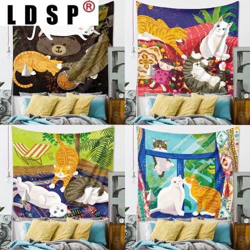 LDSP Cartoon Cute Cat Animals Tapestry Hanging Covering Rugs Background Cloth Beach Mat Blanket Art Bedroom Living Home Decor