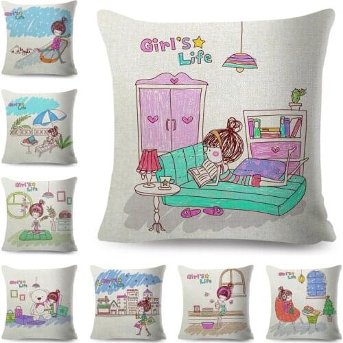 Lovely Girl Live Pillow Case Decor Cute Cartoon Cushion Cover for Sofa Home Throw Polyester Pillowcase 45x45cm