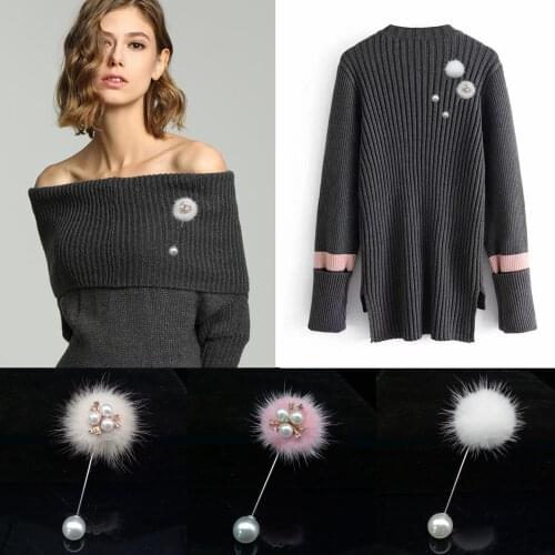 Cute Charm Pearl Brooch Pins For Women Korean Mink Fur Pompom Ball Piercing Lapel pin Brooch Collar Jewelry Gifts
