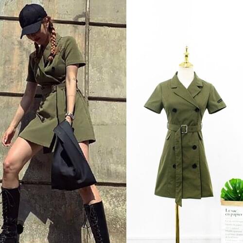 Kpop 4Minute Kim Hyun A autumn fashion lace-up short sleeved dress women Streetwear double breasted elegant slim waist dresses