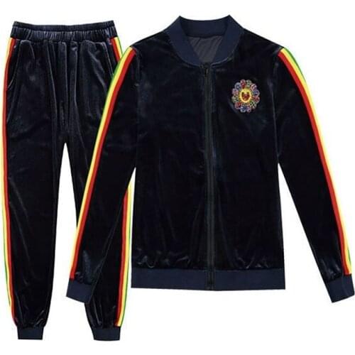 2021 Fashion Gold Velvet Two-Piece Suit Women Spring Autumn Diamond Rainbow Stripes Harem Pants Sportswear Sets Plus Size KW1056