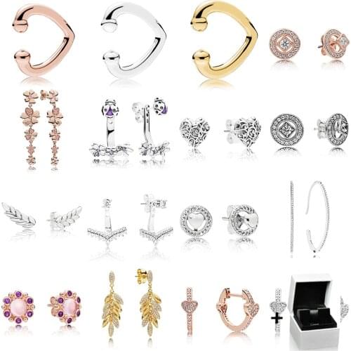 NEW 100% 925 Sterling Silver Shine Floating Grains Rose Gold Alluring Hearts Hoop Earring Fit Women Original Jewelry with Box