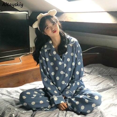 Pajama Sets Women Ins Dots Print Trendy Lovely Simple Leisure Loose Femme Nightwear Daily 2 Piece Chic Pregnant Ladies Sleepwear