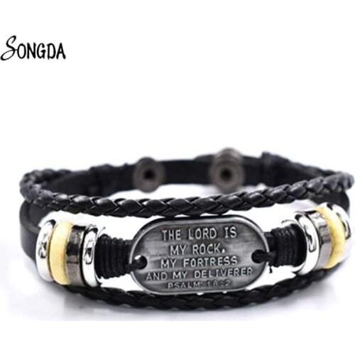 The Lord is My Rock My Fortress and My Deciverer Psalm 18:2 Leather Bracelets Bible Goth Punk Black Braided Wrap Bangles Jewelry