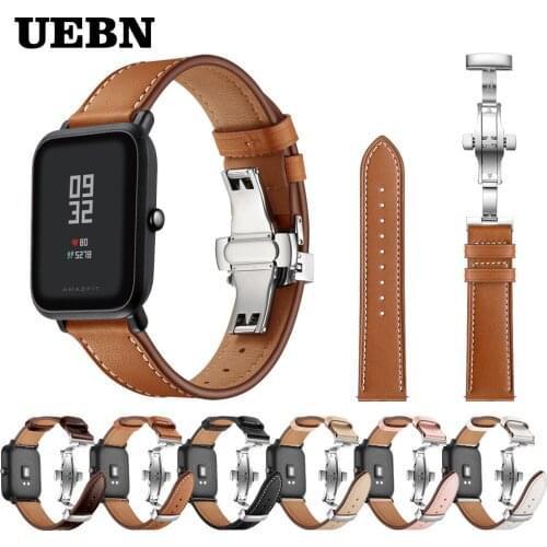 UEBN 20mm Silver Butterfly clasp Leather strap for Xiaomi huami amazfit bip GTS GTR 42mm band for Samsung Gear 2 sport Watchband