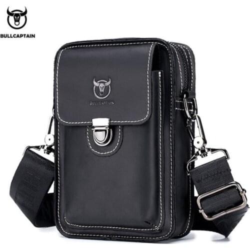 BULLCAPTAIN Mens Vintage Genuine Leather Cowhide Hook Belt Buckle Shoulder Messenger Crossbody Fanny Waist Bag Wallet Pouch