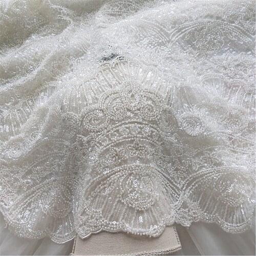 3D Beaded Bridal Wedding Dress Lace Fabric Luxury Sequin Evening Dress Ivory White RS2986