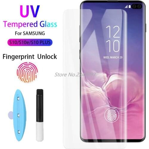 10D UV Glue Tempered Glass For Samsung Galaxy S10 PLUS S10+ fingerprint unlock UV glass Full Cover for S10 S10e Screen Protector