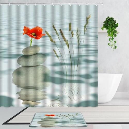 Zen Stone Shower Curtains Spring Water Surface Lotus Reflection Bamboo Bathroom Decor Non-Slip Carpet Mat Bath Curtain With Hook