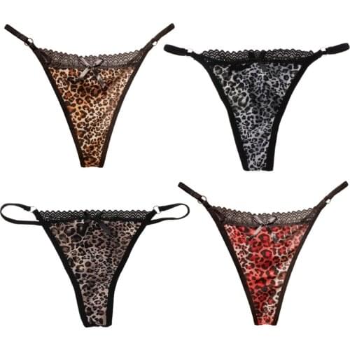 Womens Sexy Low Rise Leopard Briefs Lingerie Hollow Out Lace Patchwork G-String Underwear Bowknot Front Ultra-Thin Thong