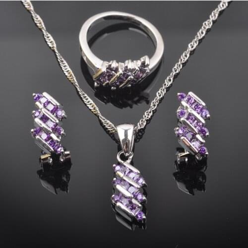 2020 New Purple Zirconia Women Australia Crystal Silver Color Jewelry Sets Necklace Pendant Earrings Ring QZ0545