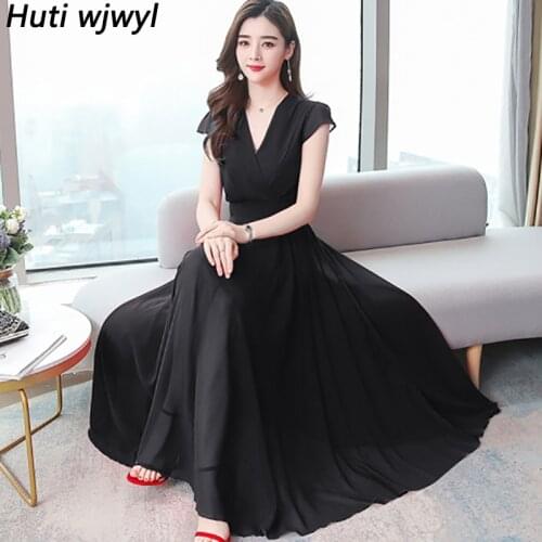 Summer High Quality Elegant Black Midi Dress Women Bodycon Party Maxi Vestidos 2021 Vintage Solid Casual Chiffon Beach Sundress