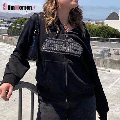 Winter Women Long Sleeve Sweatshirt Hoodis Fleece Rhinestone Letter Print Zipper Loose Oversized Hoodies Streetwear Casual 2021