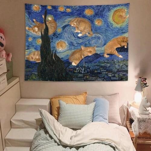 Starry Sky Orange Cat Art Style Background Cloth Bedroom Hanging Cloth Rental Dormitory Renovation Decorative Wall Cloth