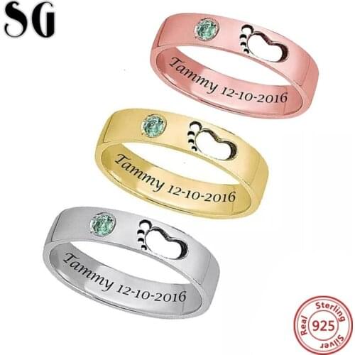 100% 925 Sterling Silver Custom Birthstone Engraved Name Rings Baby Footprints Finger Rings for Women Personalized Jewelry