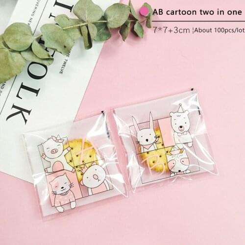 100pcs/lot Cookies Ziplock Bag Transparent AB Cartoon Animal Cute Pattern Handmade Snack Food Packaging Bags Party Candy Bags