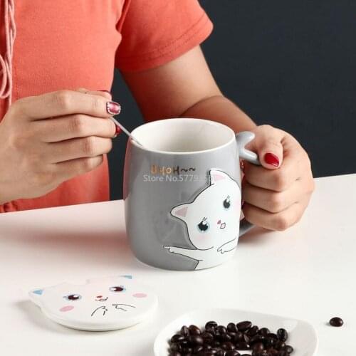 480ml Ceramics Cute Cat Mug with Lid and Spoon Coffee Milk Tea Mugs Breakfast Cartoon Cup Drinkware Novelty Gifts
