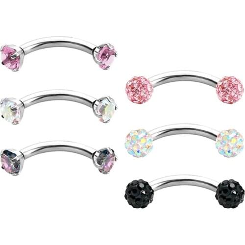 6 PCS 16G 5/16" (8MM) Stainless Steel Cubic Zirconia Curved Barbell Ear Rook Tragus Earring Eyebrow Piercing