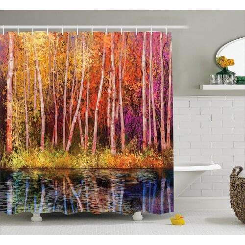 Watercolor Flower Home Decor Shower Curtain Fall Trees Along with Lake Fall in Jungle Natural Paradise Bath Curtain For Bathroom