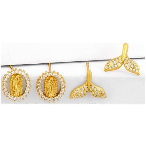 Leaves Virgin Mary multicolor Brass micro pave cz zircon cubic zirconia drop Hoop Earrings copper gold plated crystal studs w2