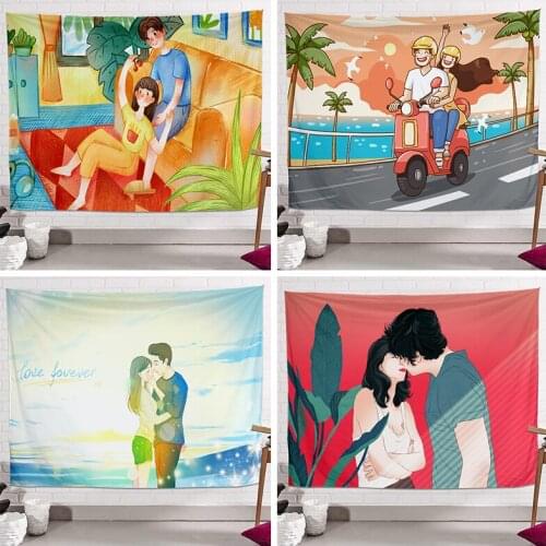 Kawaii Room Decor Couple Illustration Girls Decorative Background Cloth Boho Decoration Home Decor Tapestry Decoration Mural