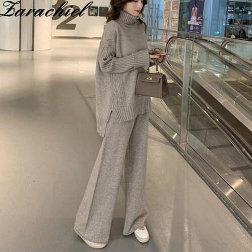 2021 Autumn Winter Sweater 2 Piece Set Women Tracksuit Knitted Thicken Warm Turtleneck Split Loose Pullovers + Wide Legs Pants