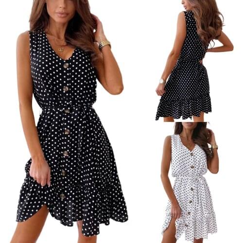 Sexy Womens V-neck Dress, Wavy Points Printed Pattern Sleeveless Skirt With Waistband, Black/ White 2021 New Fashion