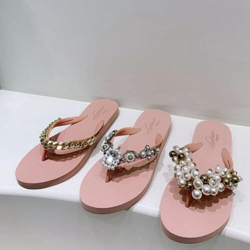 Summer New Women Slipper Fashion String Bead Decorated Flat Heel Flip Flop Outdoor Beach Slides Slip On Open Toe Sandals