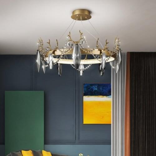 Modern Crown Antlers Art Crystal Led Pendant Lights Lustre Bedroom Living Room Indoor Lighting Decor Lamp Hanging Light Fixture