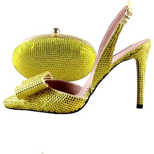 BS1192 Custom Handmade Yellow Crystal SlingBacks Dress Pumps Big Size High Heel Women Shoes Bridal Wedding Shoes And Bag Set