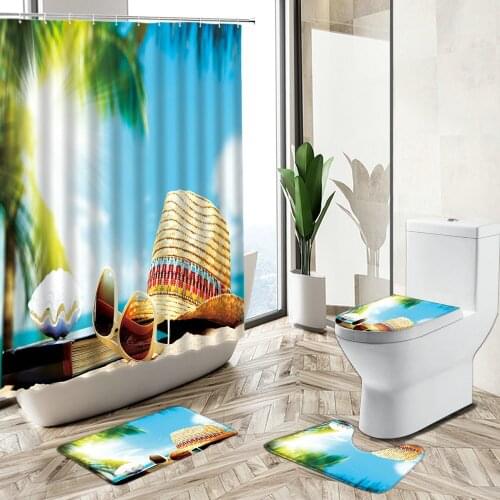 Ocean Beach Scenery Shower Curtain Summer Vacation Bathroom Set Starfish Shell Palm Tree Non-Slip Carpet Toilet Cover Floor Mat