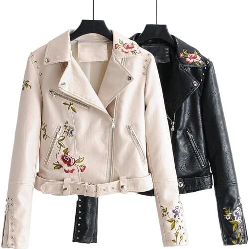 2021Spring Autumn Fashion Women Embroidery PU Leather Jacket Chic Rivets with Belt Biker Jackets Zippers Ladies Coats Outerwear