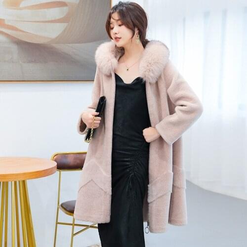 Wool Jacket Womens 100% Real Hooded Autumn Winter Coat Women Fox Fur Collar Manteau Femme 2607 YY1277