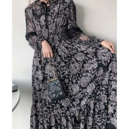 Ladies Palace Print Lace Patchwork Lantern Sleeve Midi Dress Ruffle Neck With Ties