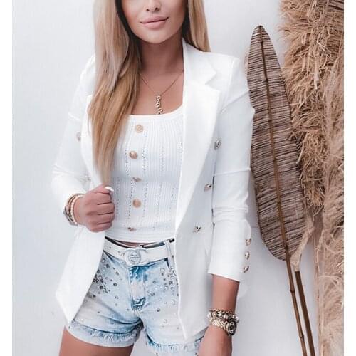 Office Ladies Elegant Double Breasted Blazer Autumn Fashion Women Solid Simple Coats NewCasual Pocket Turn-Down Collar Overcoat