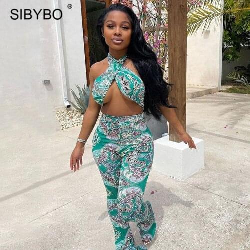 Sibybo Sexy Sleeveless Printed Jumpsuits Women Summer Halter Backless Cut-Out Bodycon Rompers 2021 Femme Casual Beach Outfits