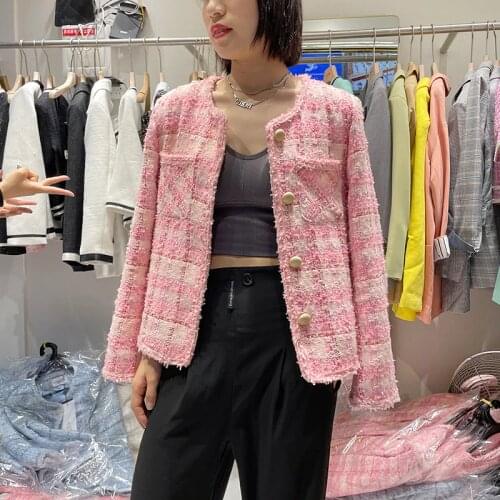 2021 Spring and Autumn Korean French Retro Celebrity Small Fragrance Tweed Temperament Top Short Pink Coat Female