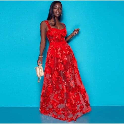 2 Piece Mesh Flower Embroidery See Through Summer Dress Set Women Spaghetti Strap Skinny Bodysuits+Long Maxi Skirts Beach Outfit